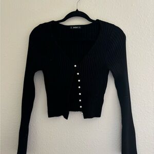 Black Ribbed Cardigan with Pearl Buttons